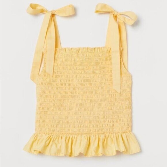 H&M Light Yellow Smocked Crop Top Bow 100% Cotton Ruffle Trim Women's Size XL - Picture 1 of 9